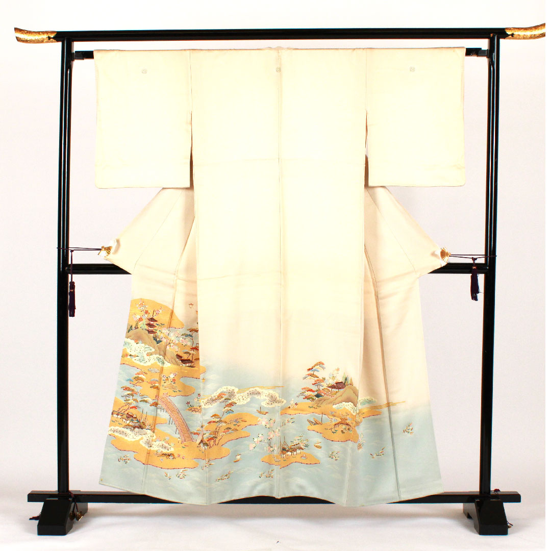 色留袖 身丈157cm 裄丈64cm 袷 東京友禅 正絹 Bランク 三つ紋 クリーム系 1111000284315