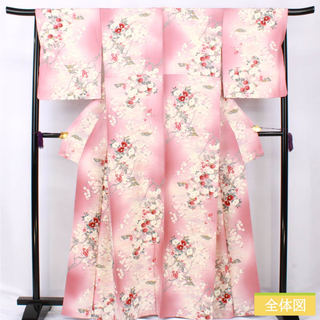 小紋 正絹 Sランク 身丈163cm 裄丈68cm 袷 一斤染色（いっこんぞめいろ） 京友禅 草花 しつけ糸付き ピンク系 1115007132413