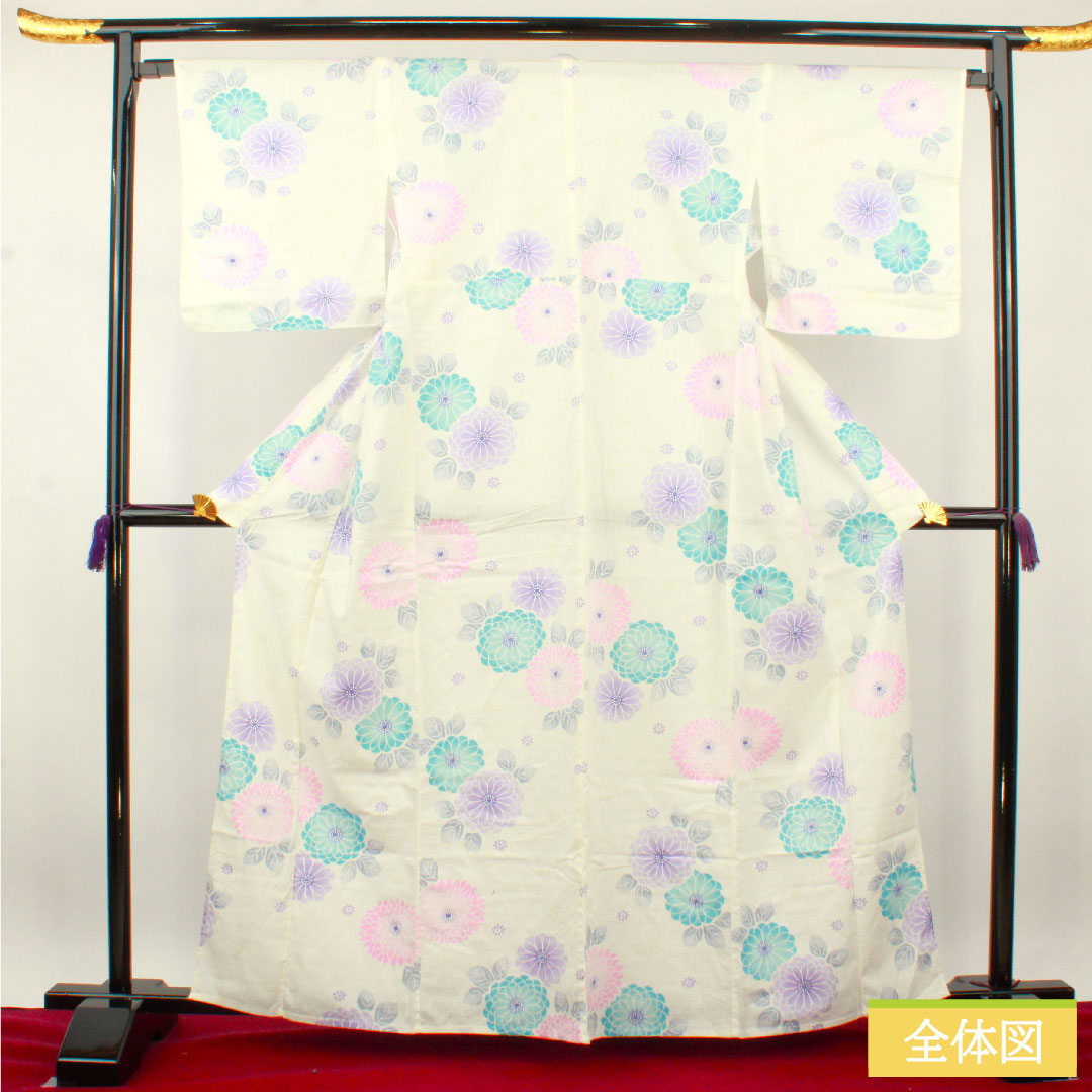Yukata Cotton Length 163cm Sleeve length 66.5cm S rank Single layer White Chrysanthemum 1118005042411