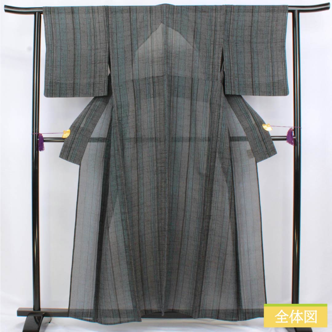 Summer Pure Silk Tsumugi Kimono, Length 158cm, Sleeve Length 63cm, Noshime Hanairo (Flower-colored Noshime) and Ibushigin (Smoked Silver) with Chirimen (Striped) and Gauze, S-Rank, Gradient Pattern, Product Number: 1132002862399