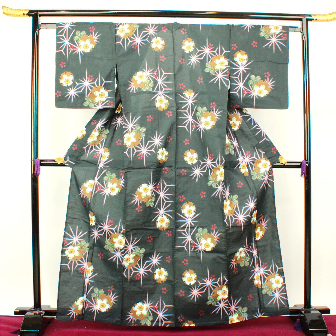 浴衣 雪輪 桜 麻の葉 木綿 Sランク 単衣 身丈164.5cm 裄丈64cm 黒系 1118002212410