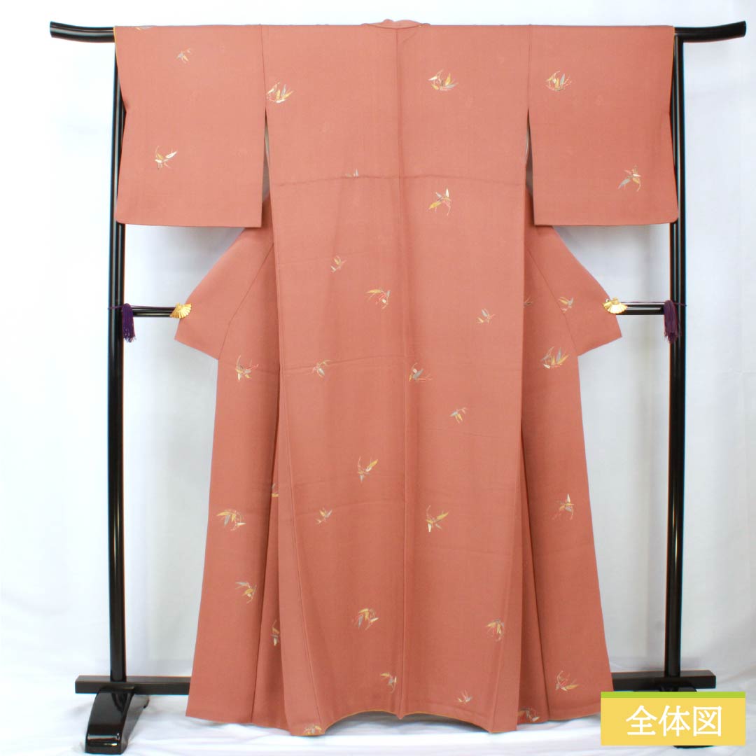 小紋 正絹 身丈163.5cm 裄丈66cm 袷 鴇浅葱色（ときあさぎいろ） 京友禅 笹の葉 パールトーン加工 Sランク 茶系 1115005742414