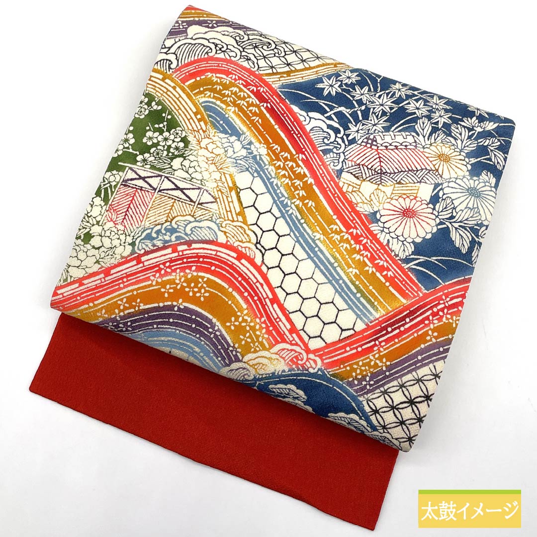 名古屋帯 濃紅葉色（こいもみじいろ） 京紅型 ちりめん地 七宝 帯丈370cm 正絹 Sランク 全通 セミフォーマル グラデーション系 1124007322399 名古屋仕立て