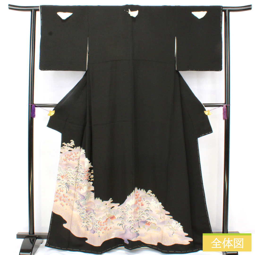 Black formal kimono, pure silk, length 162.5cm, sleeve length 62cm, lined, Kyoto yuzen, landscape pattern, five crests, sword and katabami, with basting thread, unused, S rank, black, 1111001572410