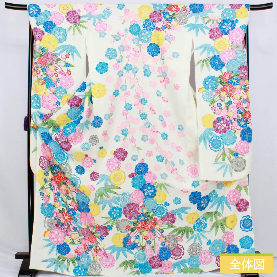 振袖 ポリエステル Sランク 身丈172cm 裄丈67cm 袷 白色 総花 紗綾形 洗える着物 白系 1113002852611