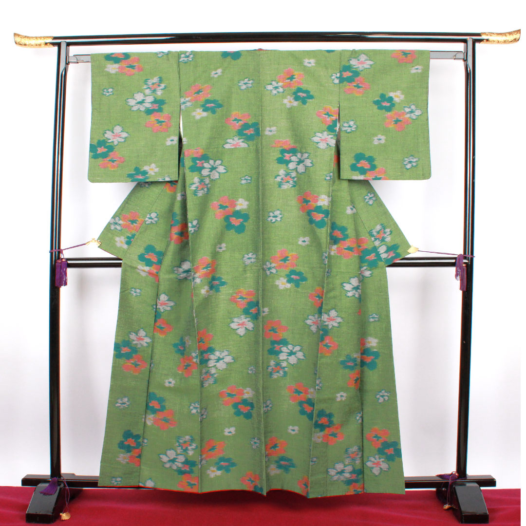 紬 身丈159cm 裄丈59cm 松葉色 花模様 正絹 Bランク 袷 緑系 1116001724319