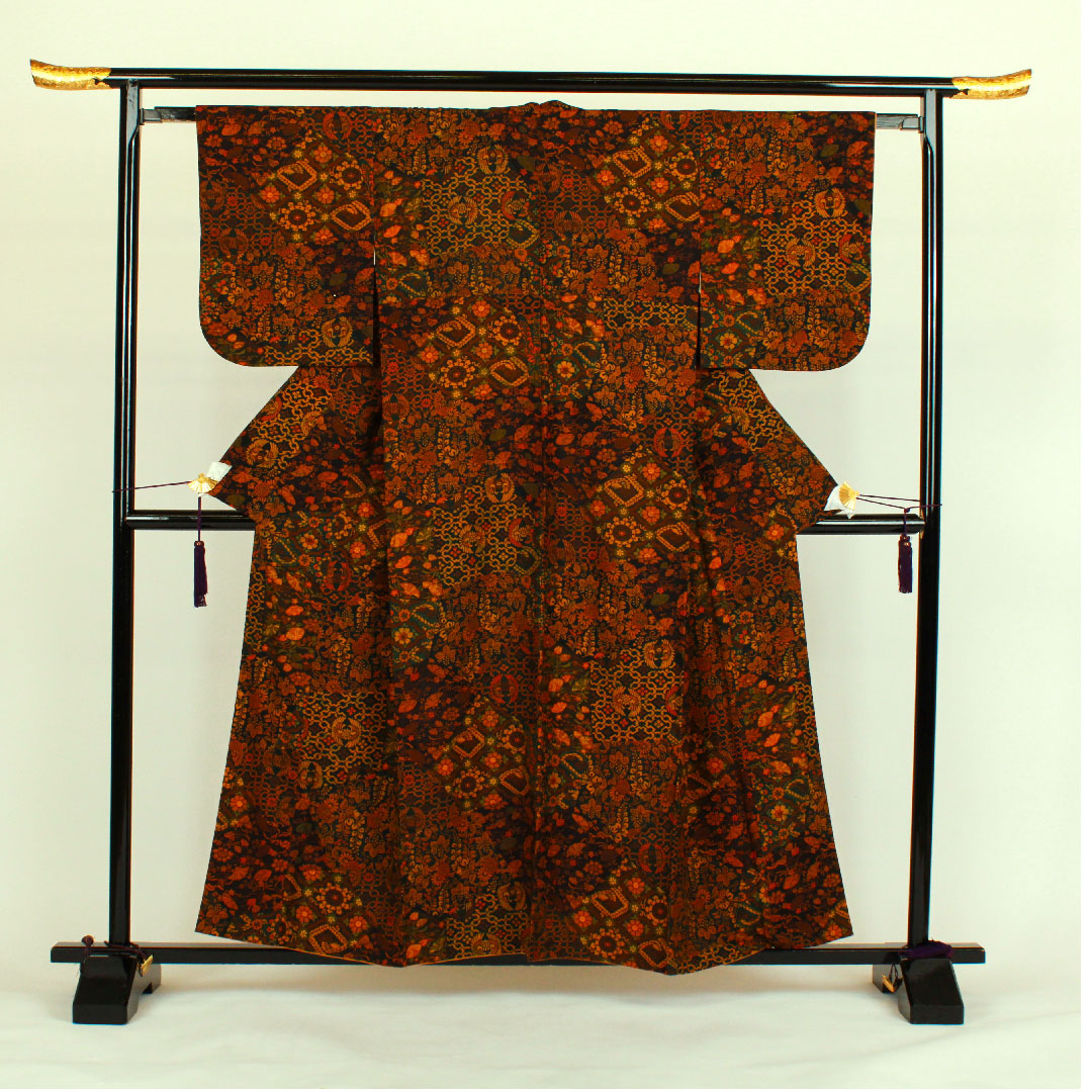 小紋 身丈158cm 裄丈64cm 袷  更紗模様  正絹 Aランク 茶系 1115000443314