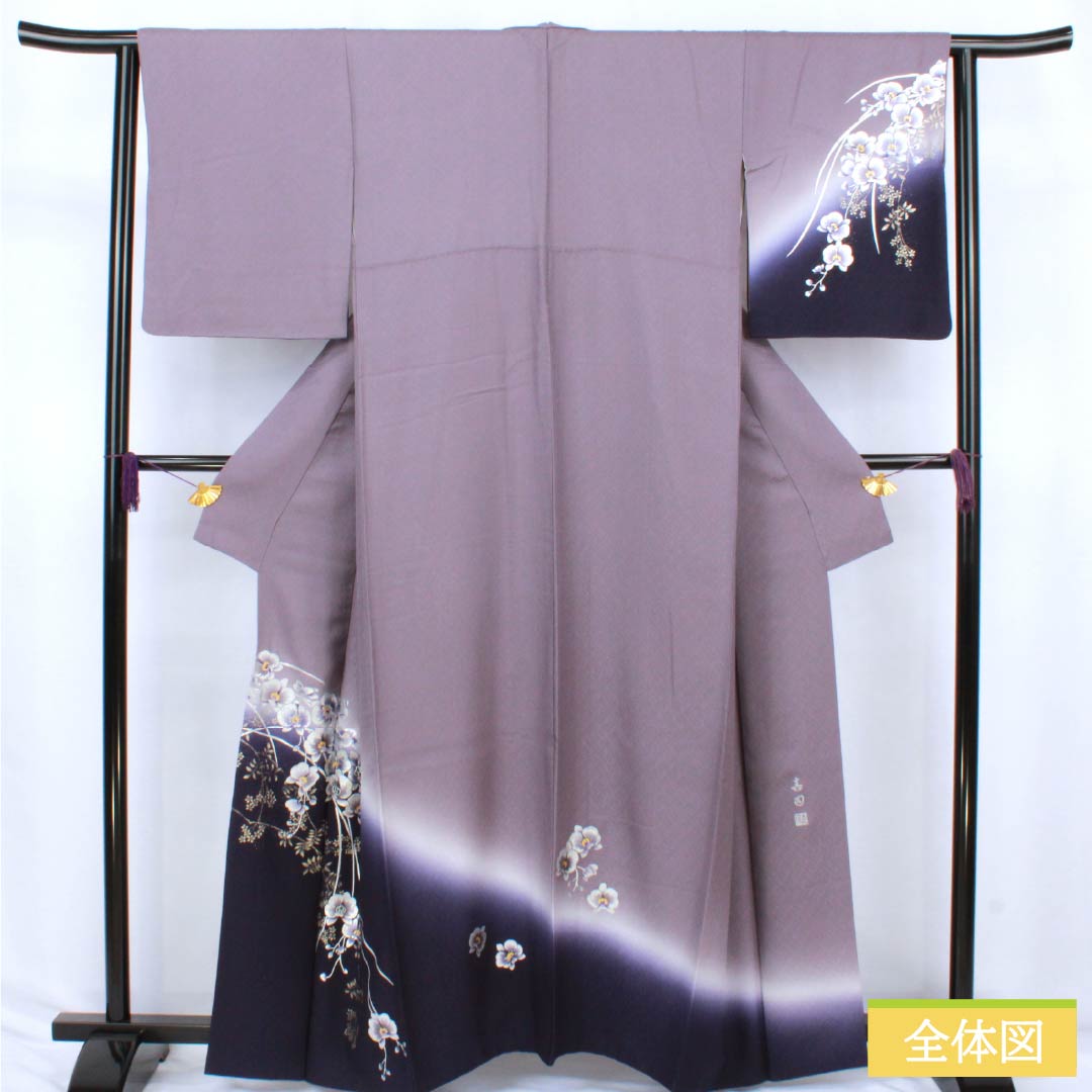 訪問着 正絹 Sランク 袷 身丈161cm 裄丈63cm 鳩羽色（はとばいろ） 付下げ 金彩加工 花 ハジックガード 紫系 1112006762420