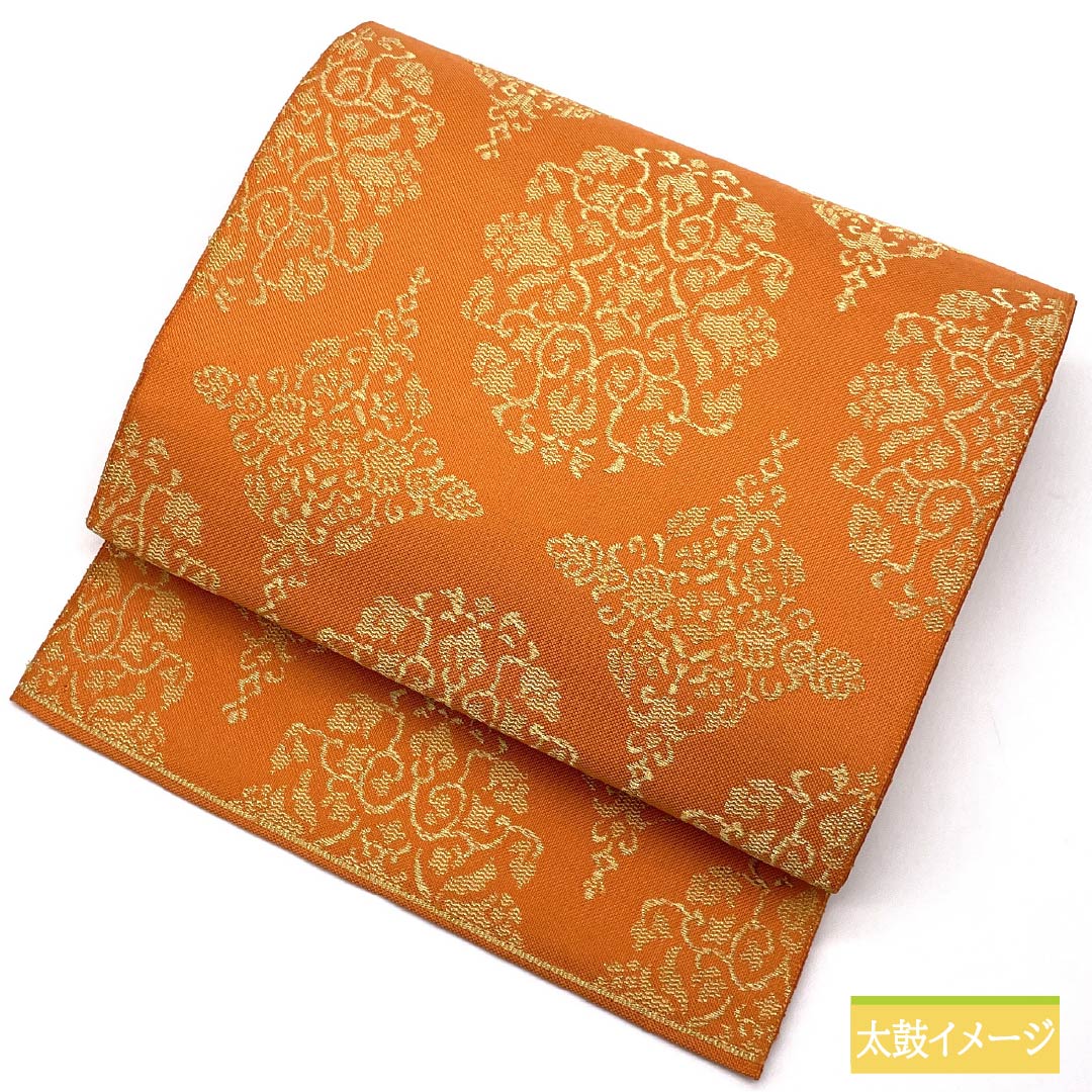 名古屋帯 黄丹色（おうにいろ） 正倉院文様 帯丈370cm 正絹 Sランク 六通 セミフォーマル 橙系 1124008422326 松葉仕立て