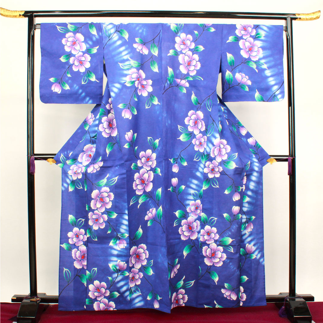 浴衣 青紫色 草花模様 木綿 Aランク 単衣 身丈164cm 裄丈70cm 紫系 1118001723420