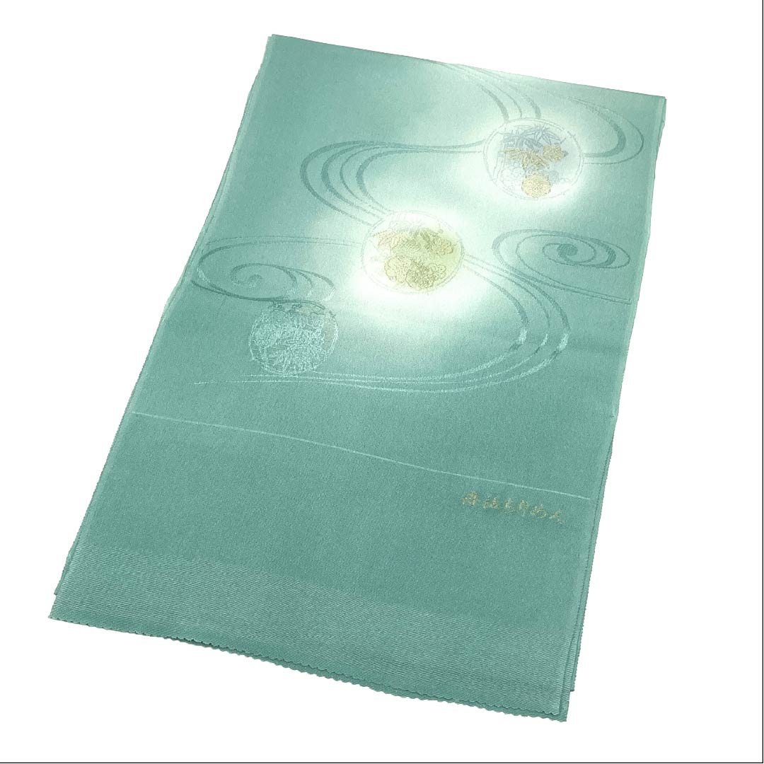 （新古品）帯揚げ 正絹 NEWランク セミフォーマル 花緑青色（はなろくしょういろ） 流水 丸に松竹梅 古典柄 長さ約184cm 幅約28cm 緑系 1136003241919