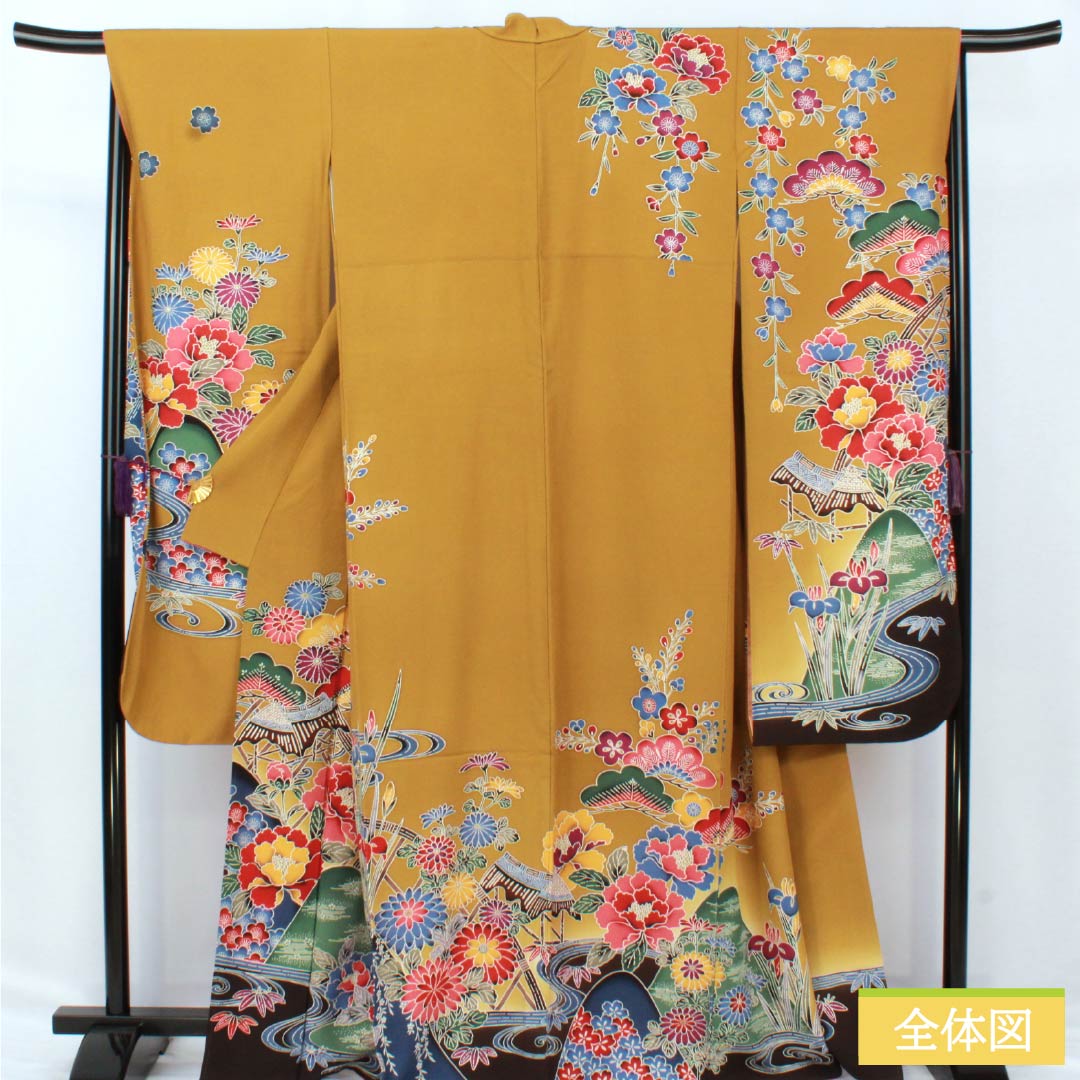 振袖 正絹 Sランク 身丈166cm 裄丈67cm 袷 木蘭色（もくらんじき） 京紅型 吉祥文様 松 菖蒲 橙系 1113002302526
