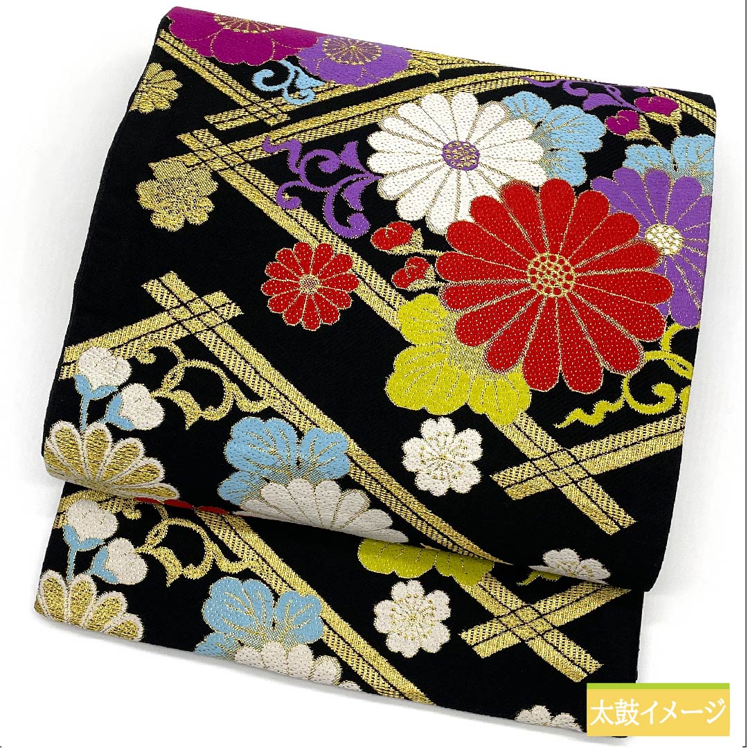 袋帯 正絹 黒色（くろいろ） 菱模様 菊 桜 梅 帯丈454cm Sランク 六通 フォーマル 黒系 1123011582410