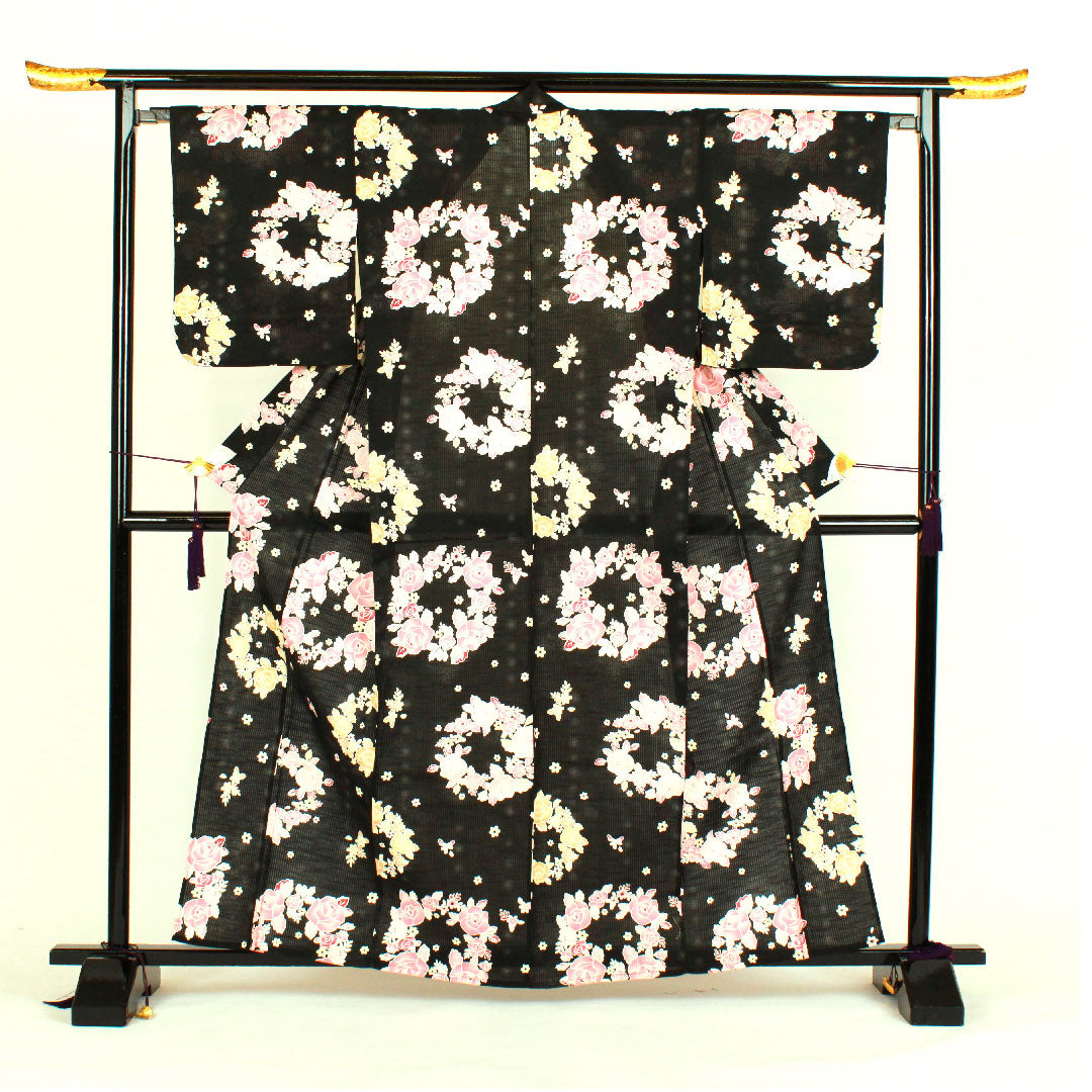 Yukata Rose Cotton S Rank Single Layer Length 163cm Sleeve Length 66cm Black 1118000382410