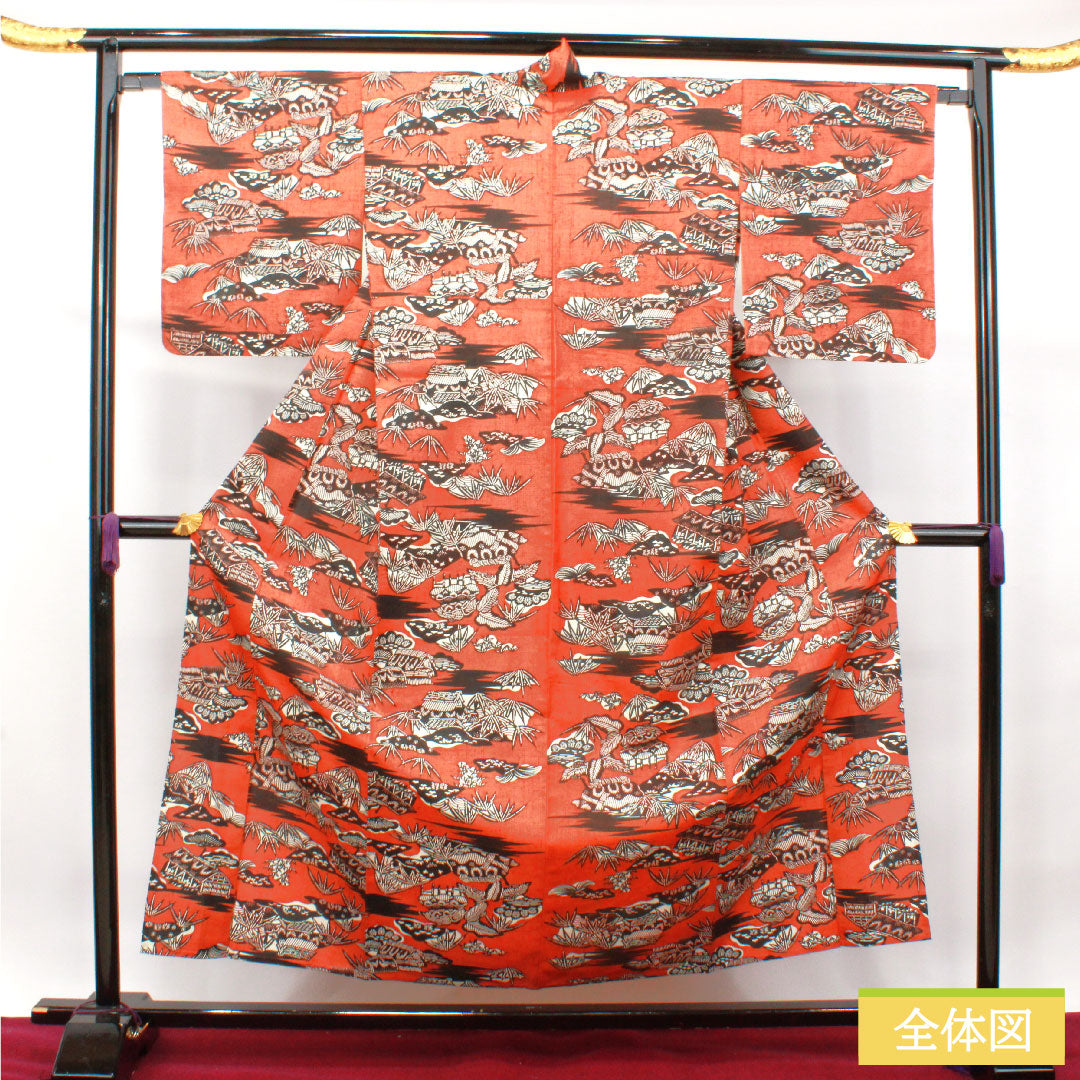 小紋 正絹 身丈157.5cm 裄丈65cm 単衣  赭色 型染 茶屋辻  Sランク 茶系 1115003922314