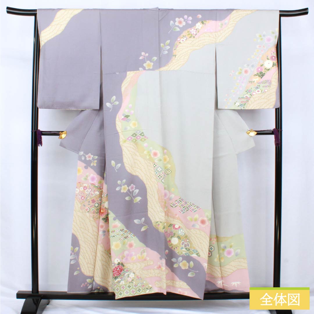 訪問着 正絹 Sランク 袷 身丈155cm 裄丈66cm 薄鼠色（うすねずいろ） 貴族鼠色（きぞくねずいろ） 京友禅 草花 グレー系 1112006312322