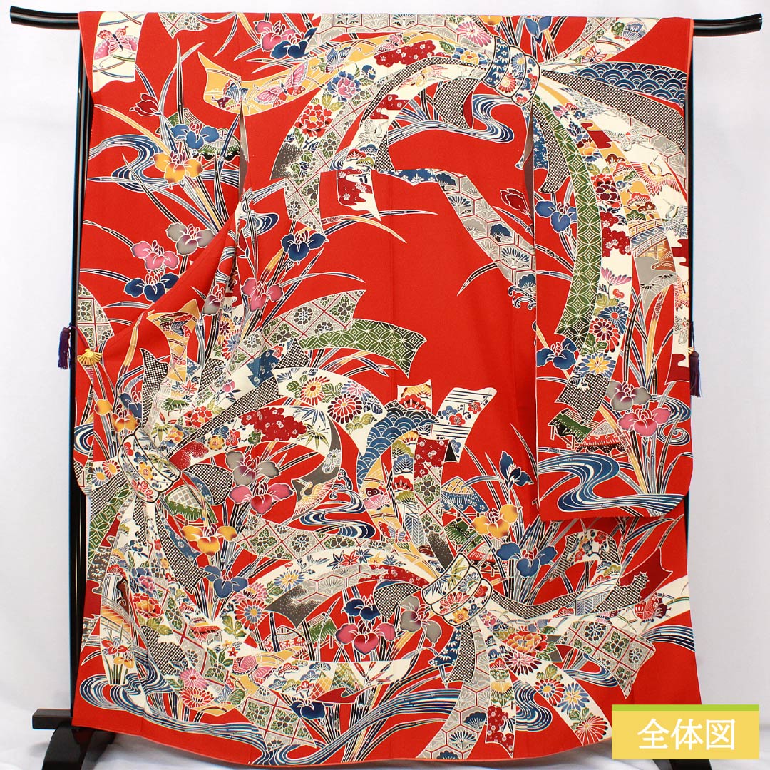 振袖 正絹 Sランク 身丈166cm 裄丈67cm 袷 赤色（あかいろ） 京紅型 束ね熨斗 ちりめん地 赤系 1113002412512