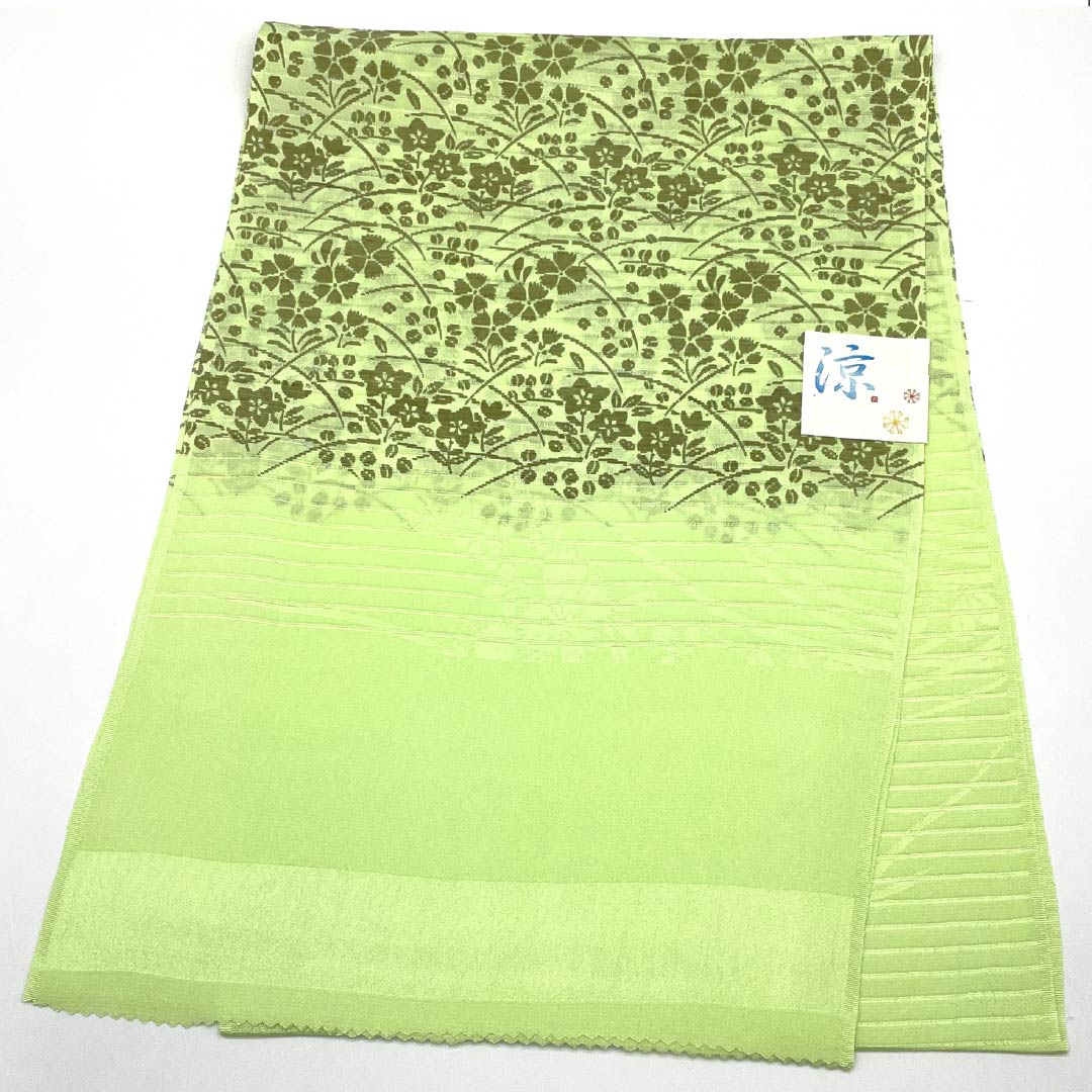 （新品）帯揚げ 正絹 セミフォーマル 若菜色（わかないろ） 夏物 桔梗 撫子 長さ約172cm 幅約29cm NEWランク 緑系 1136000701919