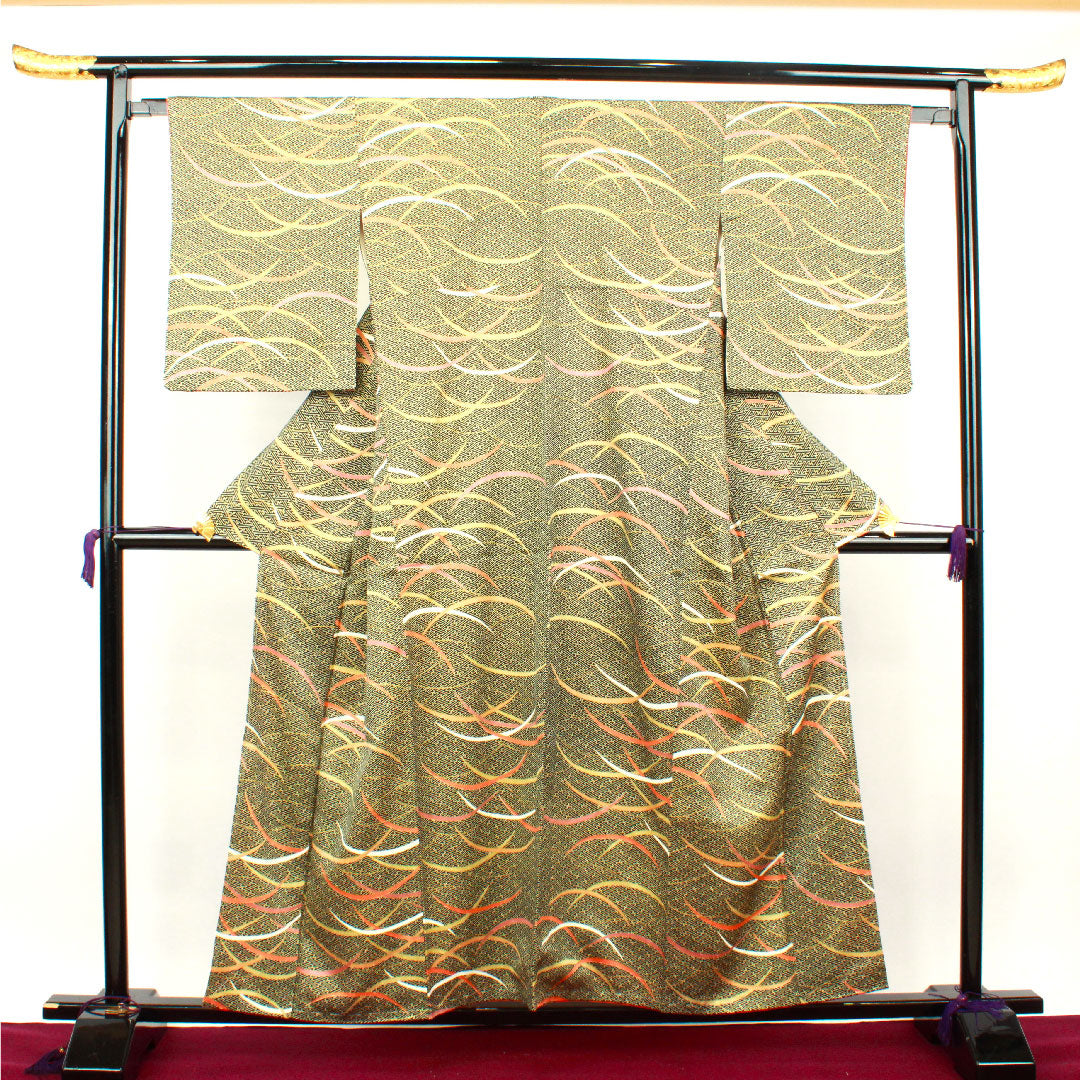 小紋 身丈156.5cm 裄丈61.5cm 袷  紗綾形 芝草  正絹 Aランク 黒系 1115002683310