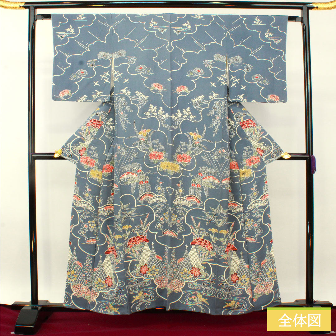 Homongi (formal kimono) made of pure silk, lined, length 157.5cm, sleeve length 64cm, Minato gray, Kyoto Bingata, aboshi pattern, floral pattern, A rank, blue, 1112004883317