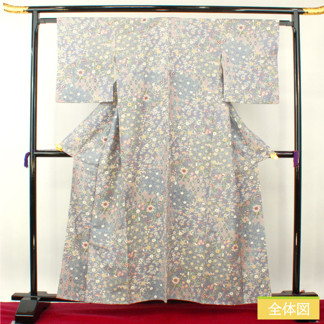 Komon, pure silk, length 159.5cm, sleeve length 62.5cm, lined, tsuruba nezumiiro (crane gray), pongee fabric, floral pattern, basting thread included, unused, S rank, purple, 1115004262320