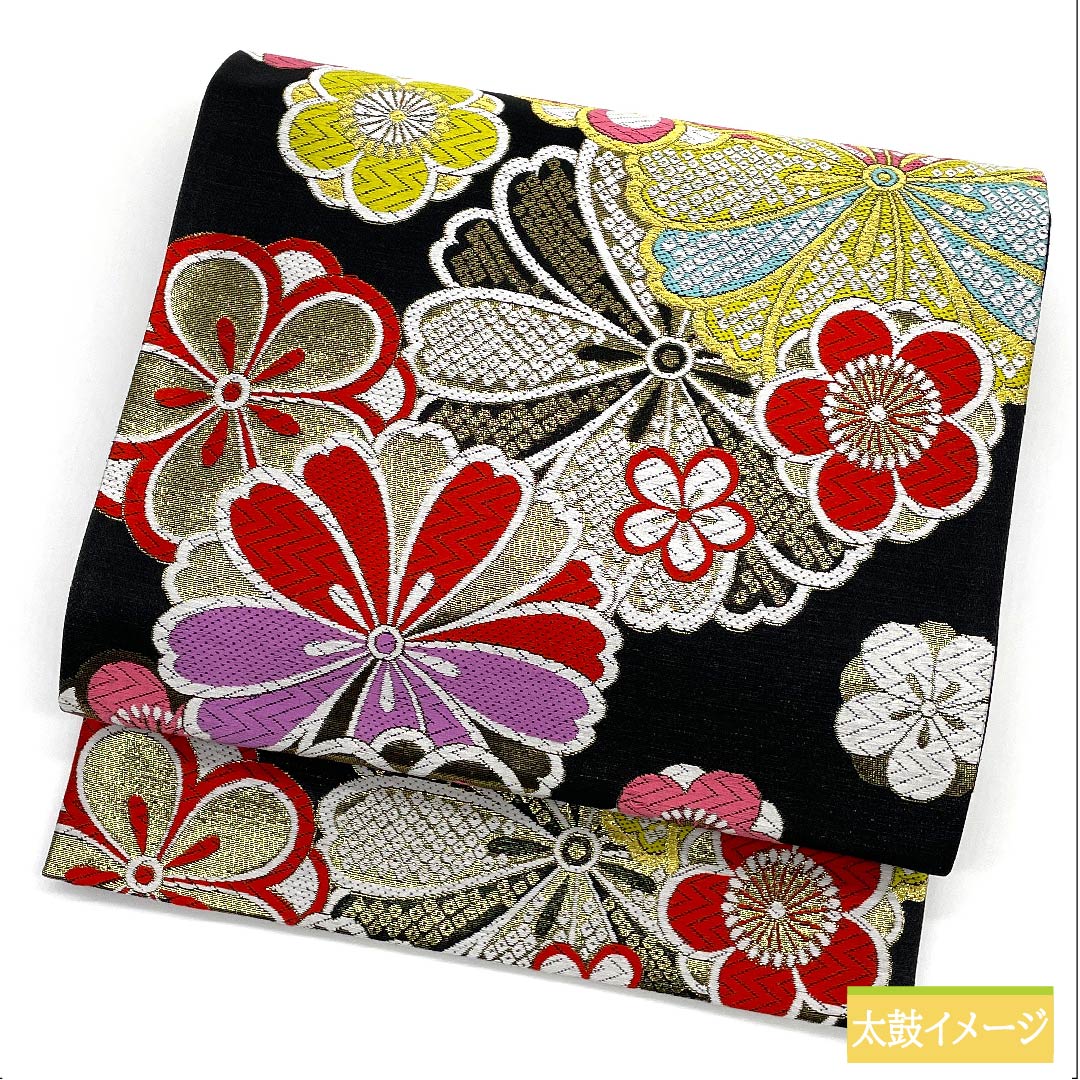 袋帯 正絹 黒色（くろいろ） ねじり梅 ねじり桜 鹿の子 帯丈444cm Sランク 六通 フォーマル 黒系 1123011612310