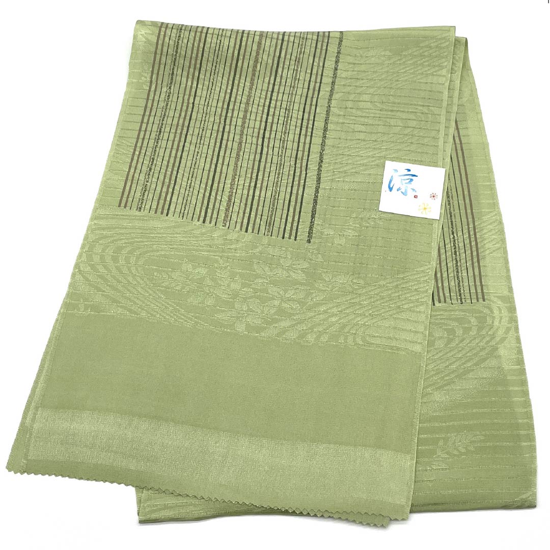 （新品）帯揚げ 正絹 セミフォーマル 柳茶色（やなぎちゃいろ） 夏物 縞 幾何学模様 長さ約168cm 幅約28cm NEWランク 緑系 1136000881919