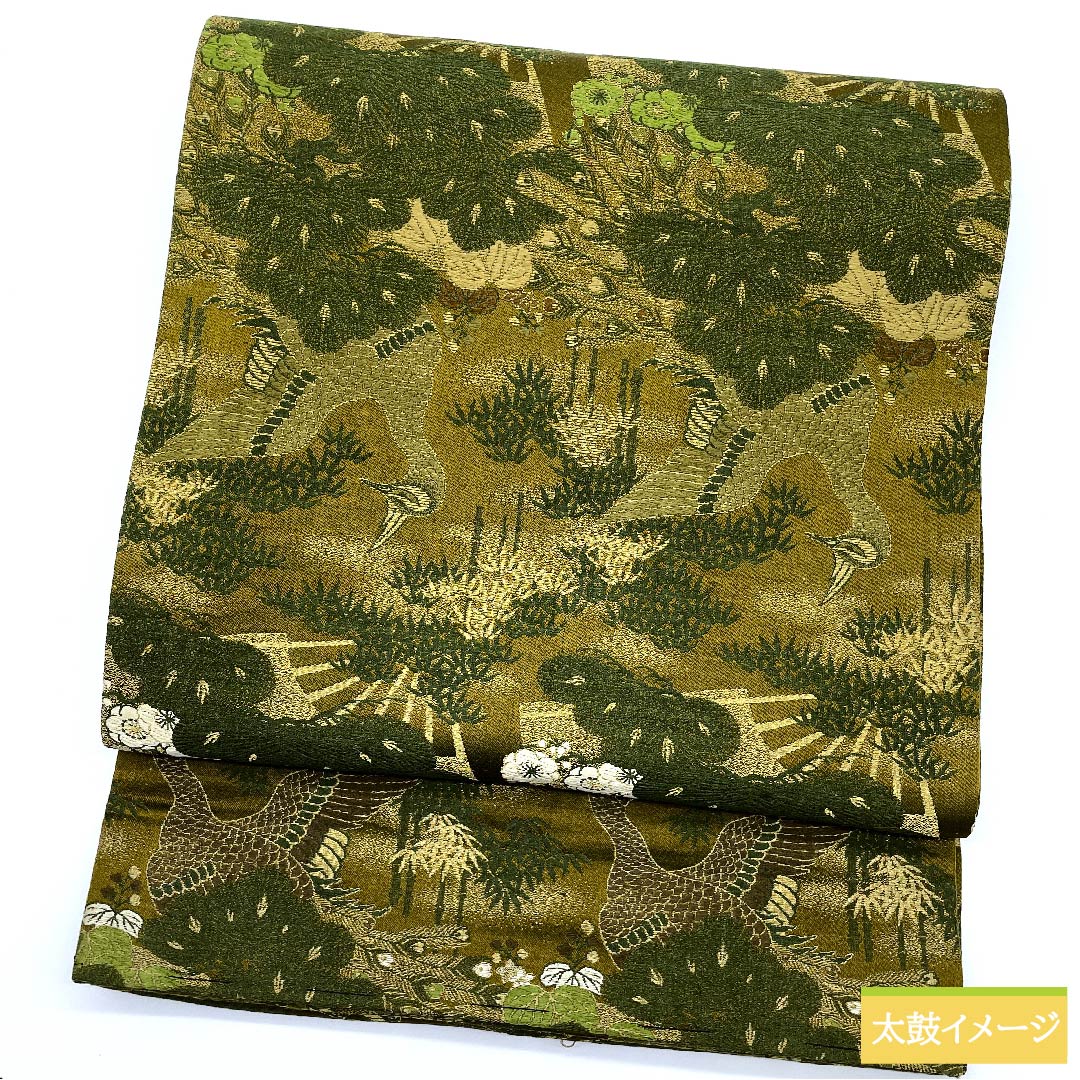 袋帯 正絹 路考茶色（ろこうちゃいろ） 丸帯 孔雀 松竹梅 扇面 帯丈394cm Sランク 全通 フォーマル 黄系 1123011282323