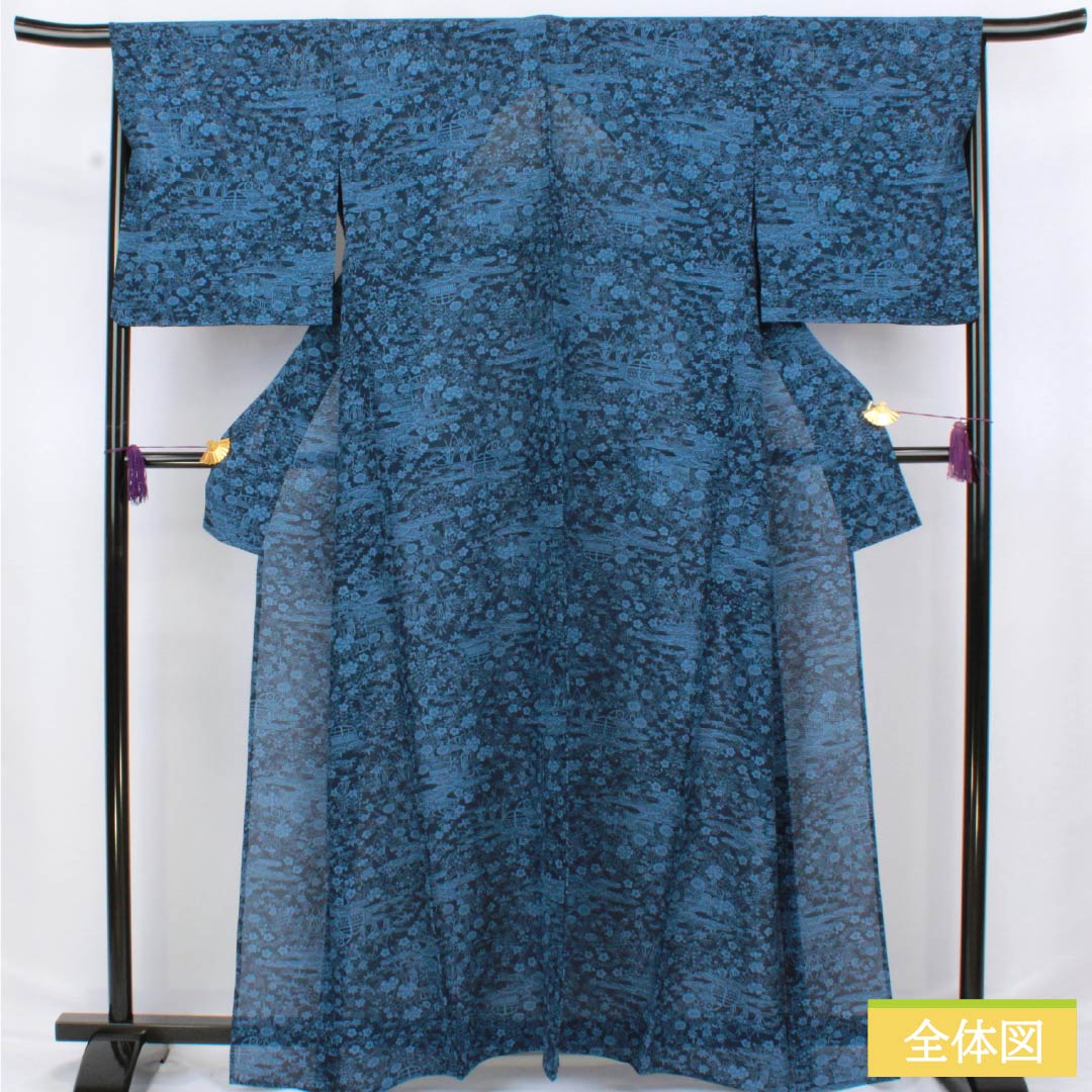 Summer pure silk komon kimono, length 162cm, sleeve length 68cm, dark navy blue (noukon-iro), classic pattern, stencil dyed, ro, S rank, navy blue, 1132002782418
