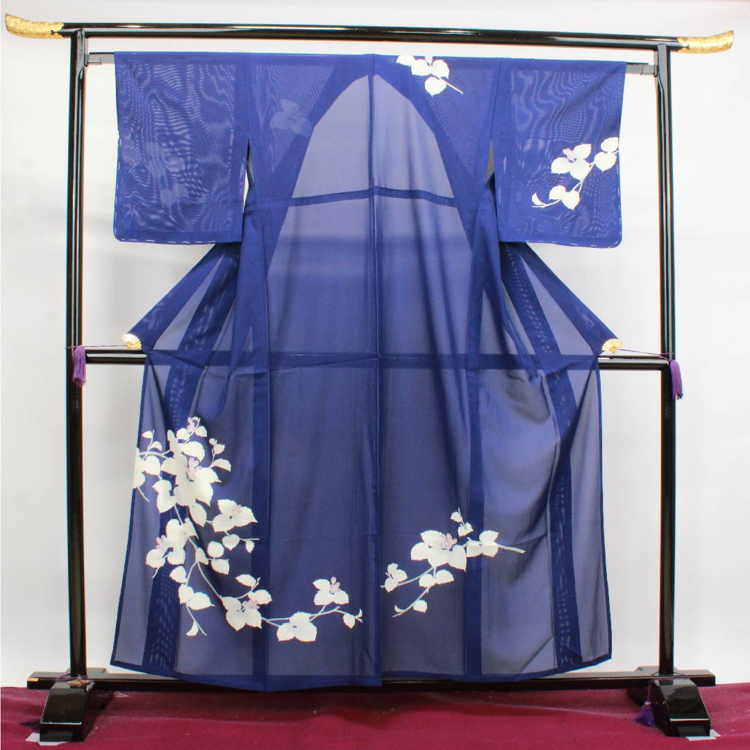 夏物 正絹 訪問着 身丈158cm 裄丈64cm 濃紺色（のうこんいろ）花模様 絽 Sランク 紺系 1132000122318