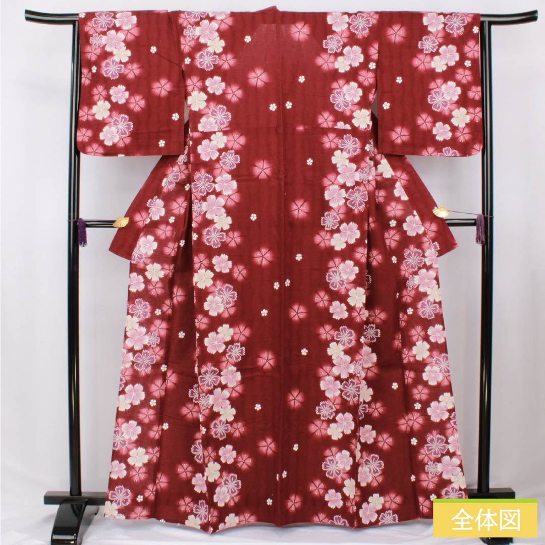 浴衣 木綿 身丈164cm 裄丈65cm Sランク 単衣 赤系 深緋色（ふかきあけいろ） 撫子 1118006412412