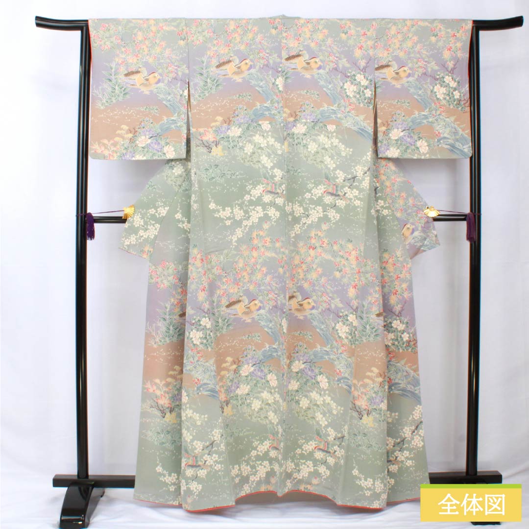 Komon, pure silk, length 160.5cm, sleeve length 64cm, lined, flower and bird pattern, with basting thread, S rank, gradation style, 1115005782499