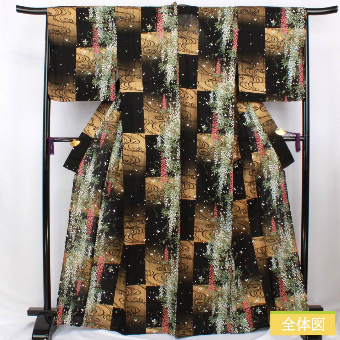 浴衣 木綿 身丈165.5cm 裄丈67cm Sランク 単衣 黒系 変わり竪絽 藤 流水 市松 1118006532510