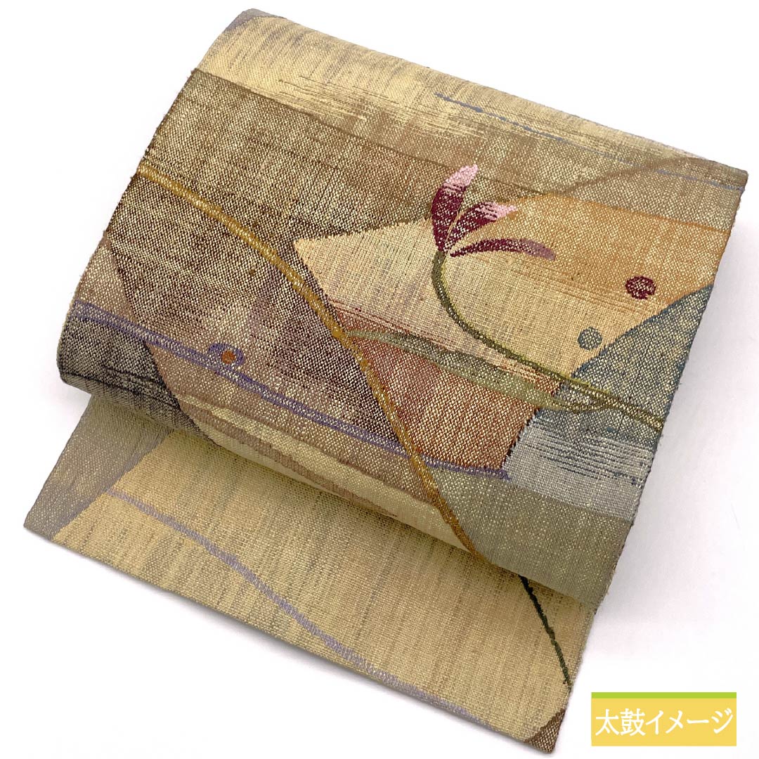 名古屋帯 鳥の子色（とりのこいろ） 紬地 抽象花模様 幾何学模様 帯丈368cm 正絹 Sランク 六通 カジュアル ベージュ系 1124008232325 名古屋仕立て