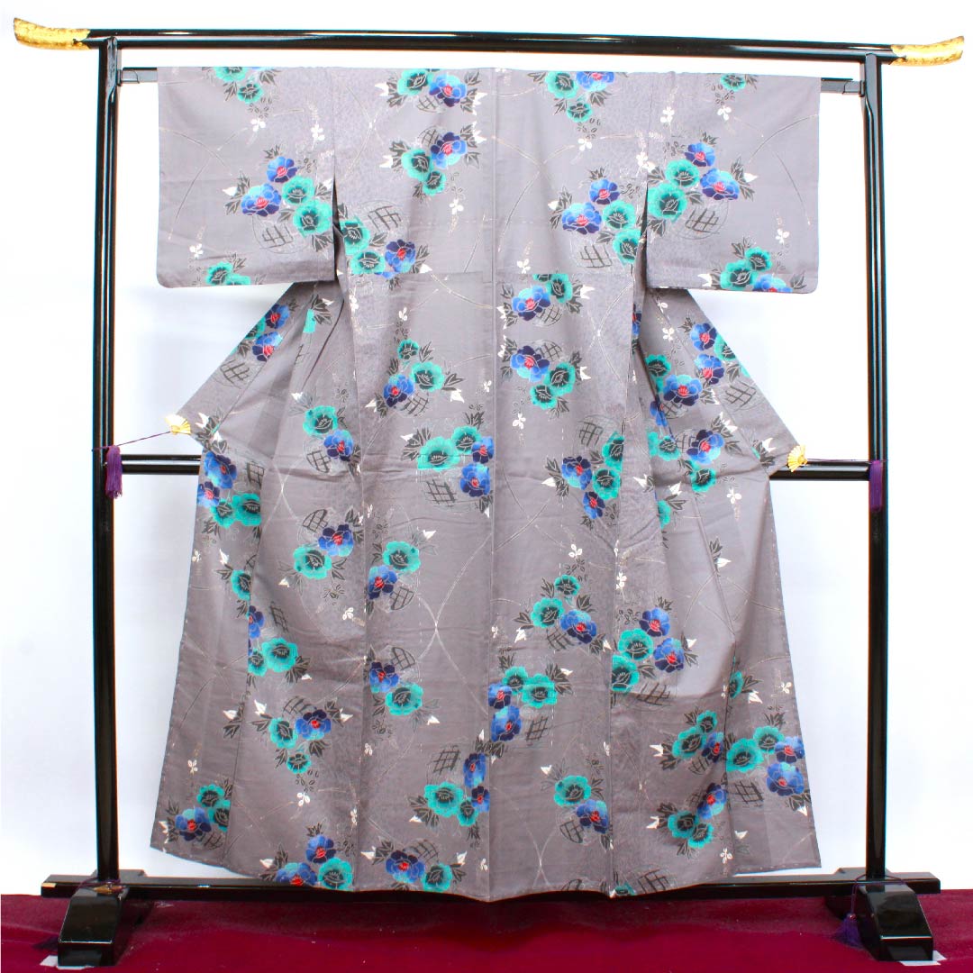 浴衣 鼠志野色 牡丹 萩 木綿 Sランク 単衣 身丈157.5cm 裄丈64.5cm グレー系 1118004082322