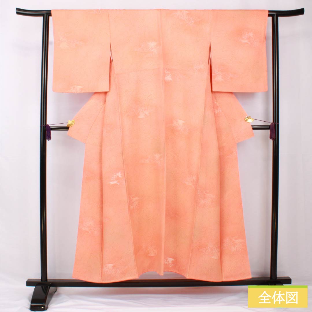 小紋 正絹 身丈150.5cm 裄丈62cm 袷 珊瑚色（さんごいろ） ボカシ染 抽象花 Sランク ピンク系 1115005472113