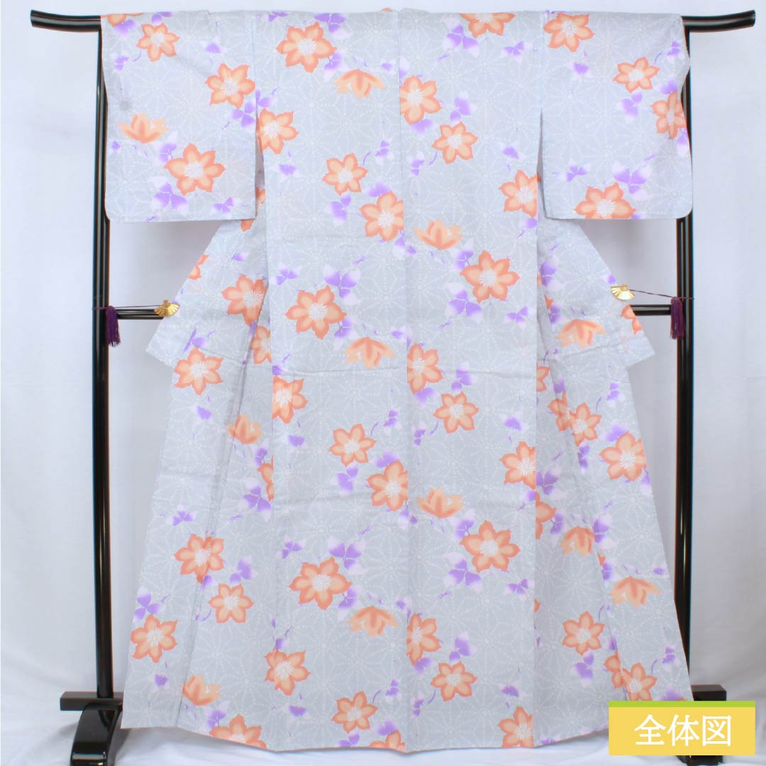 浴衣 木綿 身丈164.5cm 裄丈67.5cm Sランク 単衣 グレー系 白銅色（はくどういろ） 麻の葉 花 1118006522422