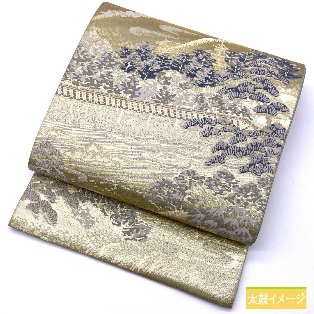 Formal, pure silk obi for formal kimono (tomesode) with a motif of the famous Ryoanji Temple in Kyoto, length 426cm, S rank, six-fold hem, gold finish, product number 1123014522321