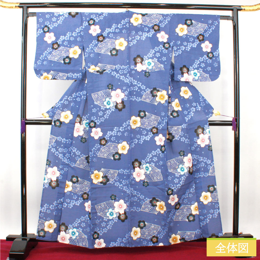 浴衣 木綿 身丈160cm 裄丈64cm Sランク 単衣 青系 江戸納戸色（えどなんどいろ） 桜 扇子 1118005192417