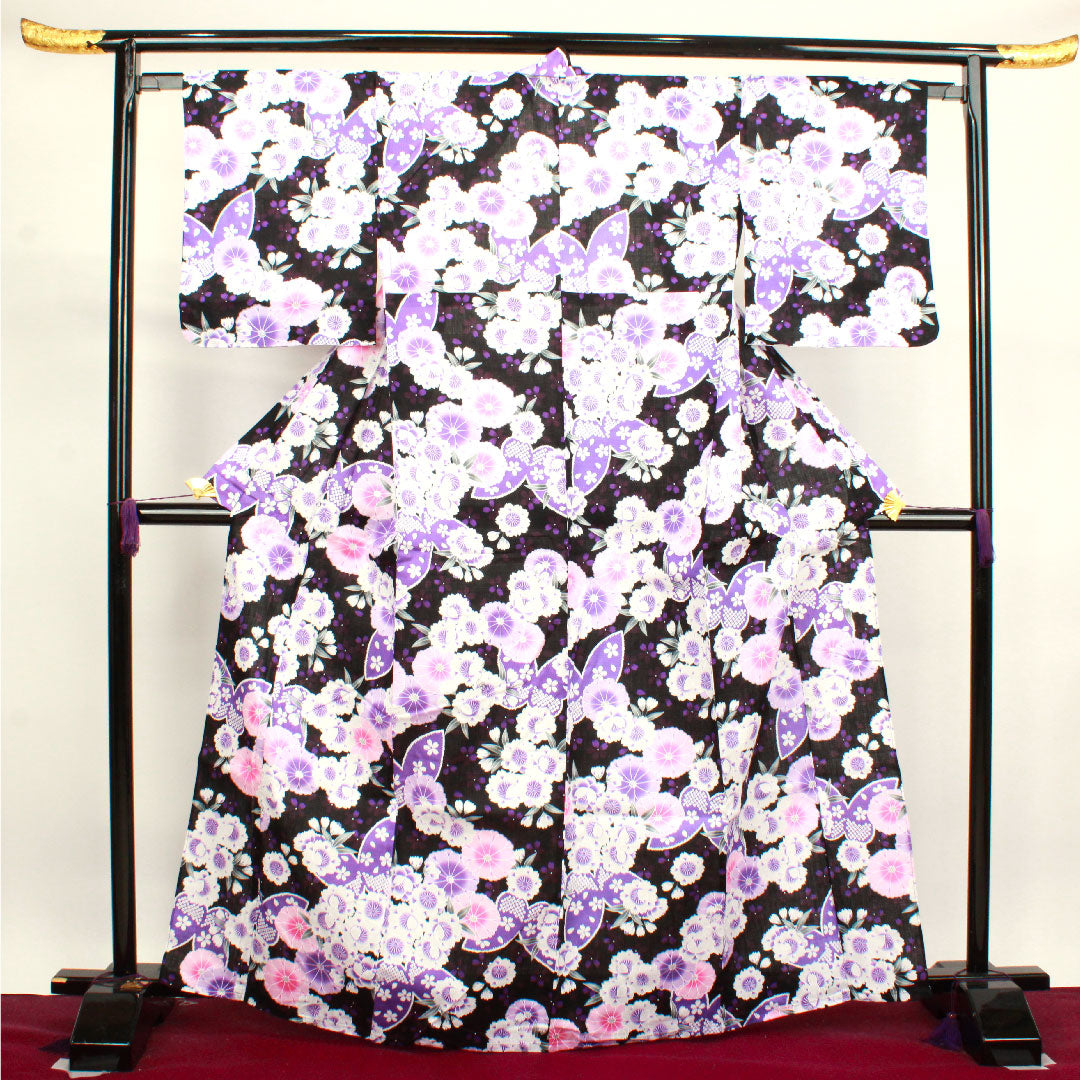 浴衣 蝶 桜 木綿 Sランク 単衣 身丈167cm 裄丈65cm 黒系 1118003712510