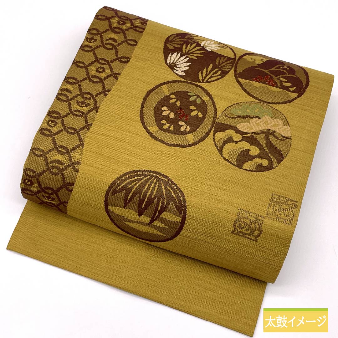 名古屋帯 黄土色（おうどいろ） 丸紋 松 帯丈371cm 正絹 Sランク ポイント柄 カジュアル 黄系 1124008002323 名古屋仕立て
