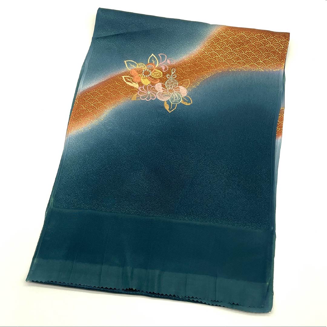 帯揚げ 正絹 Sランク セミフォーマル 藍鉄色（あいてついろ） 青海波 花 刺繍 長さ約173cm 幅約29cm 青系 1136002542917