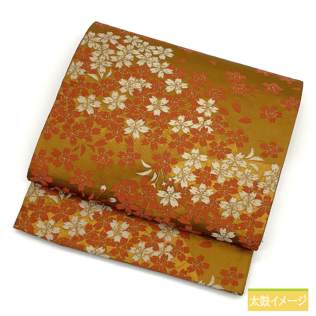 （京袋帯）名古屋帯 ポリエステル Aランク 枇杷茶色（びわちゃいろ） 京袋帯 桜 帯丈370cm 六通 カジュアル 黄系 1124011053323 開き仕立て