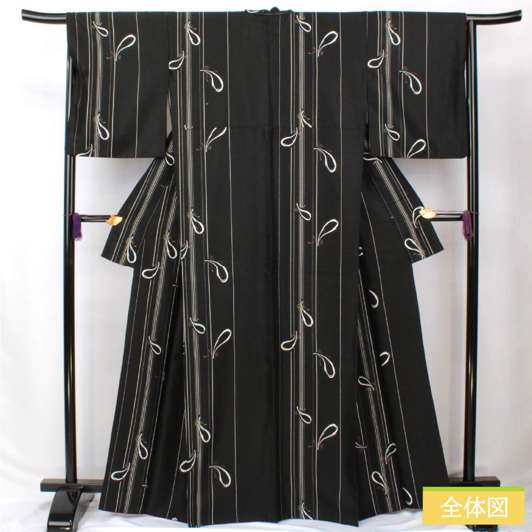 Komon (small pattern) kimono, polyester, length 166cm, sleeve length 66cm, lined, abstract pattern, washable, S rank, black, 1115005942510