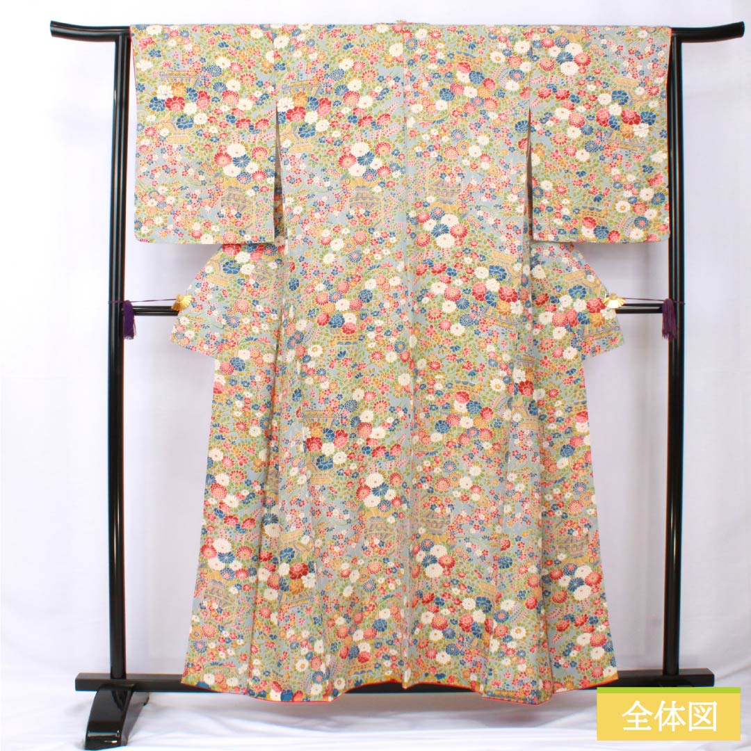 小紋 正絹 身丈156.5cm 裄丈64cm 袷 砧青磁色（きぬたせいじいろ） 花籠 Sランク 水色系 1115005792324