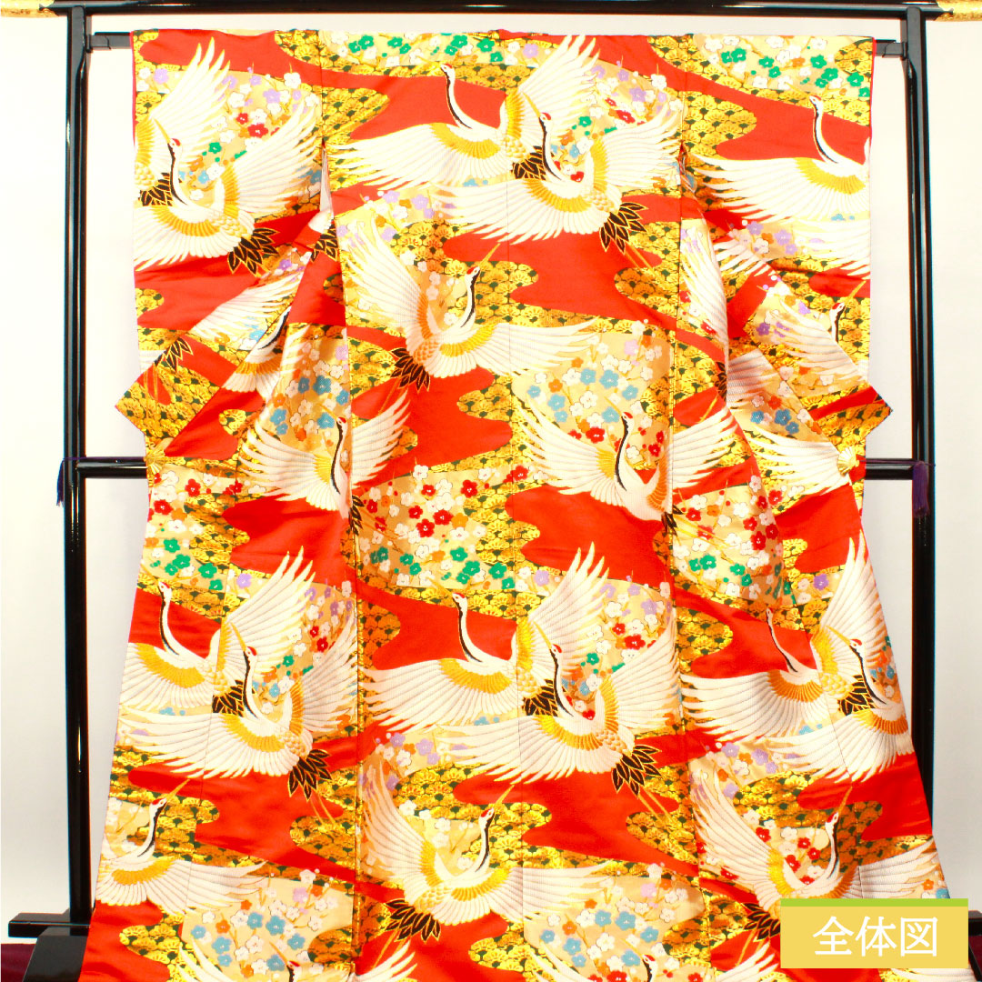 Colored Uchikake, pure silk, length 186cm, sleeve length 65cm, maple leaf color, Karaori, auspicious motifs, crane, pine, plum, A rank, lined, vermilion, 1110000813916