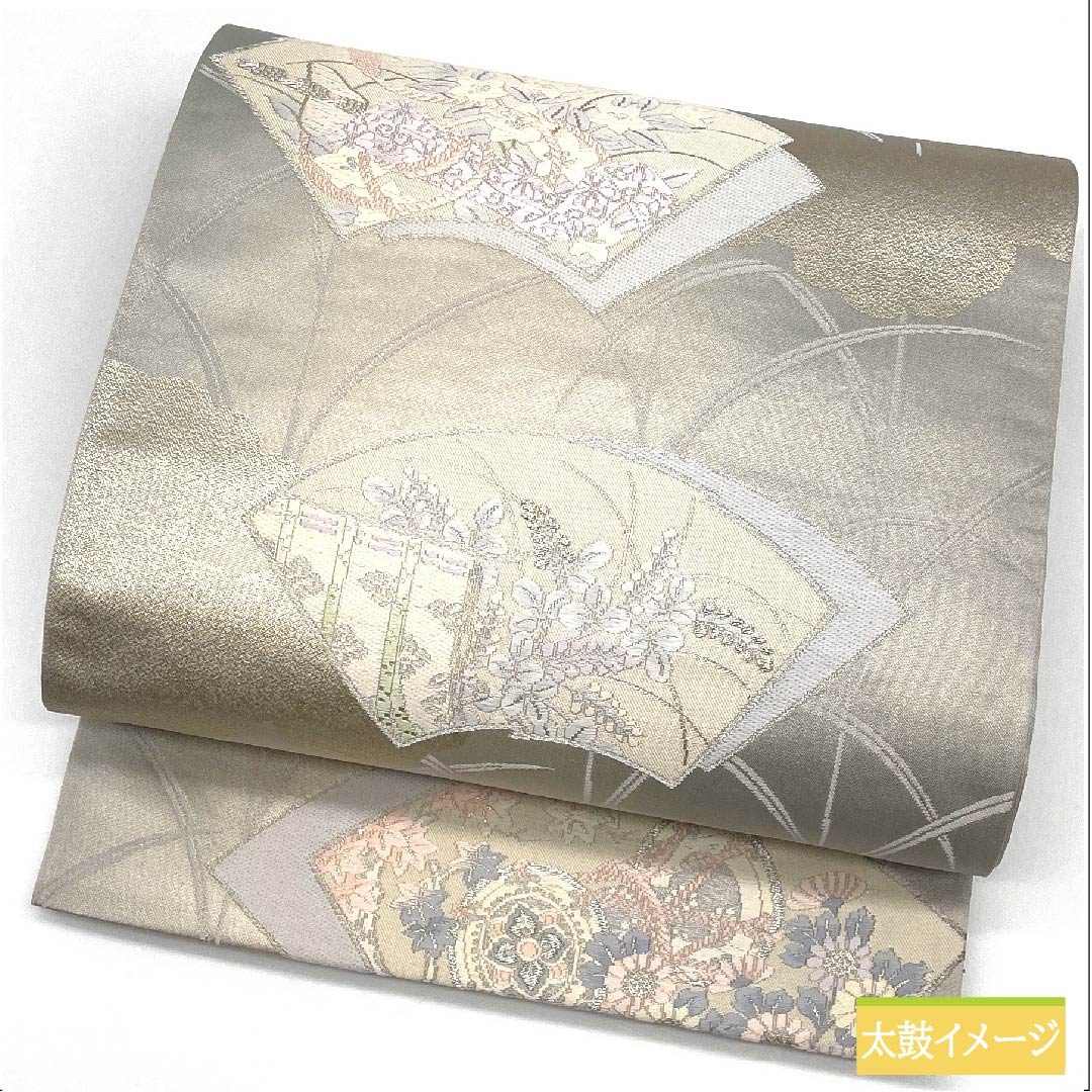 袋帯 正絹 薄鼠色（うすねずいろ） 扇面 桔梗 鼓 紅葉 帯丈428cm Aランク 六通 フォーマル グレー系 1123011823322