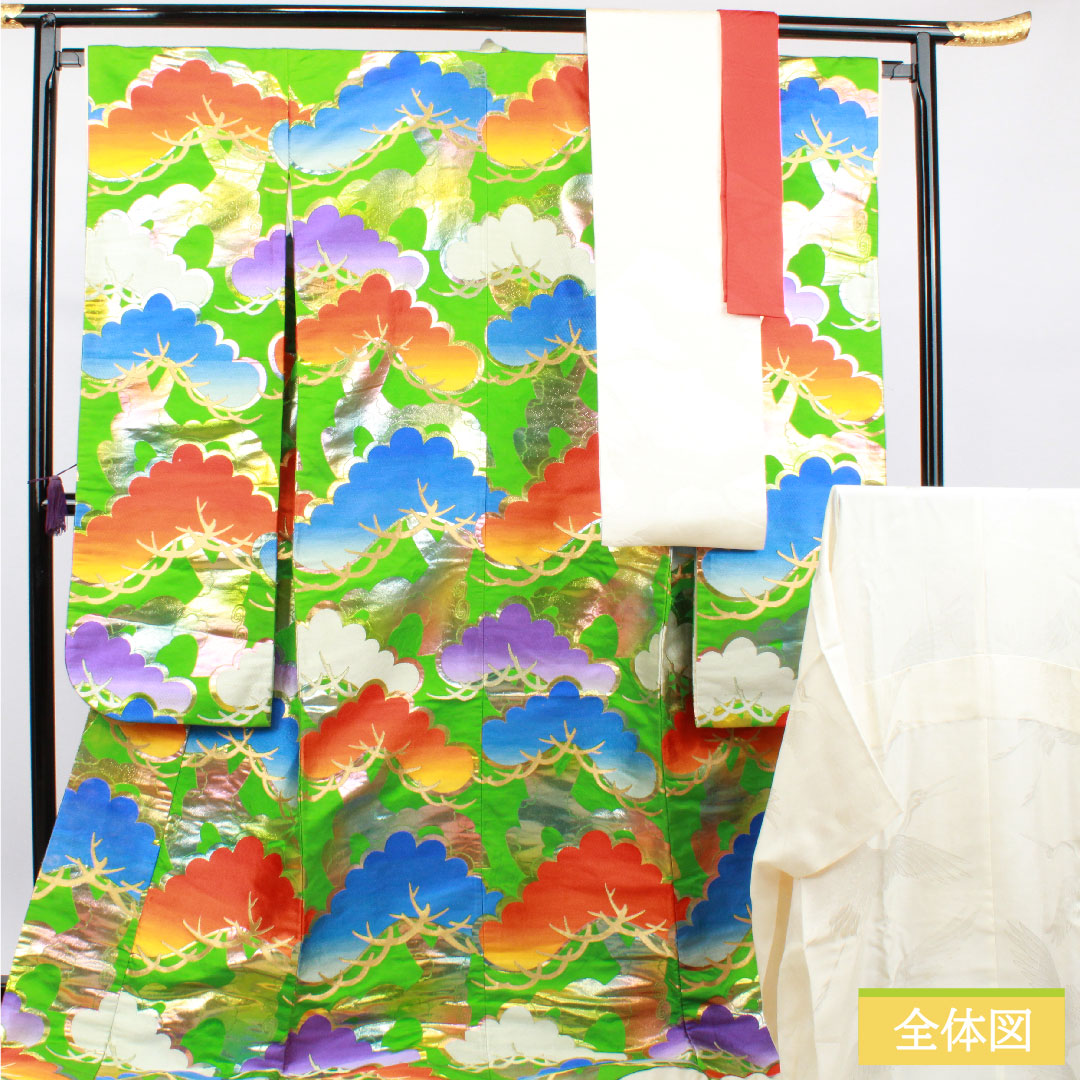 色打掛 正絹 身丈198cm 裄丈66.5cm  龍村謹製 桐箱入り 長襦袢セット 唐織 松 Aランク 袷 緑系 1110000613919
