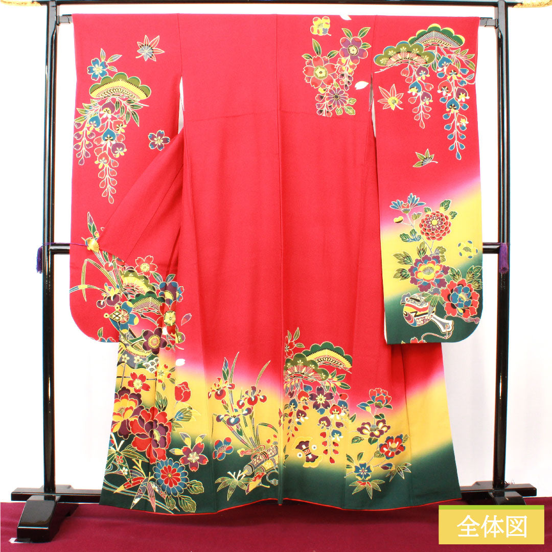 Furisode, pure silk, length 159.5cm, sleeve length 65.5cm, lined, crimson, Kyoto Bingata, auspicious motif, Scotchgard, S rank, red, 1113002122312
