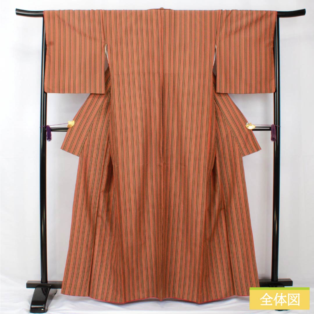 Small pattern, polyester, length 162.5cm, sleeve length 65.5cm, lined, striped, washable kimono, S rank, beige, 1115005502425